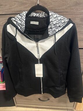 Black and White Logo-Trim Zip Hoodie Jacket size M